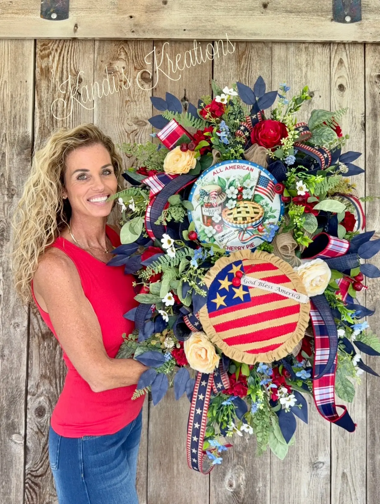 ✨ All American Cherry Pie Patriotic Wreath — handmade by Kandi's Kreations