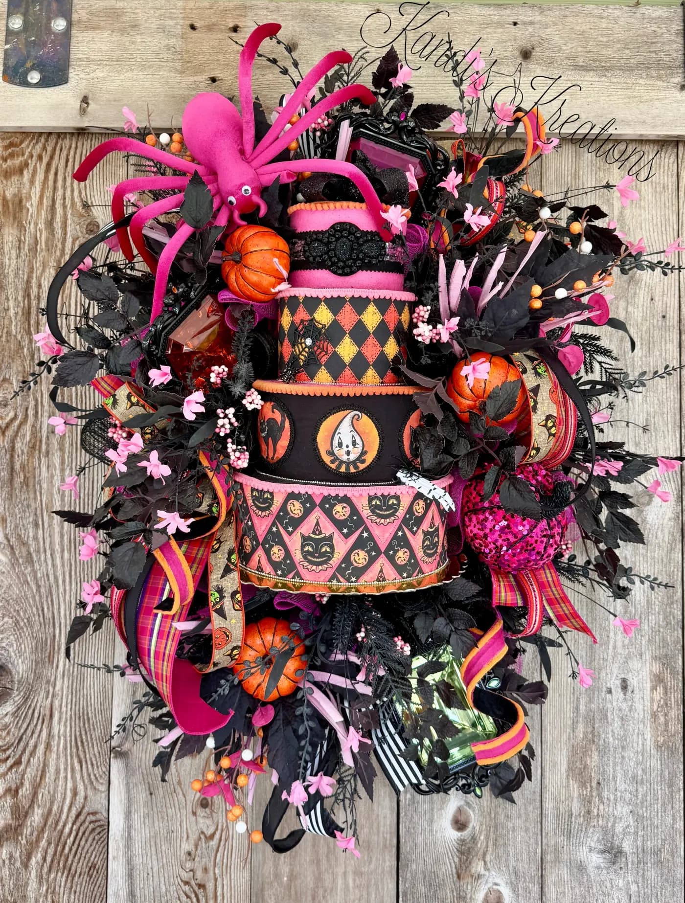 Whimsical Pink & Black Halloween Deco Mesh Wreath — handmade by Kandi's Kreations