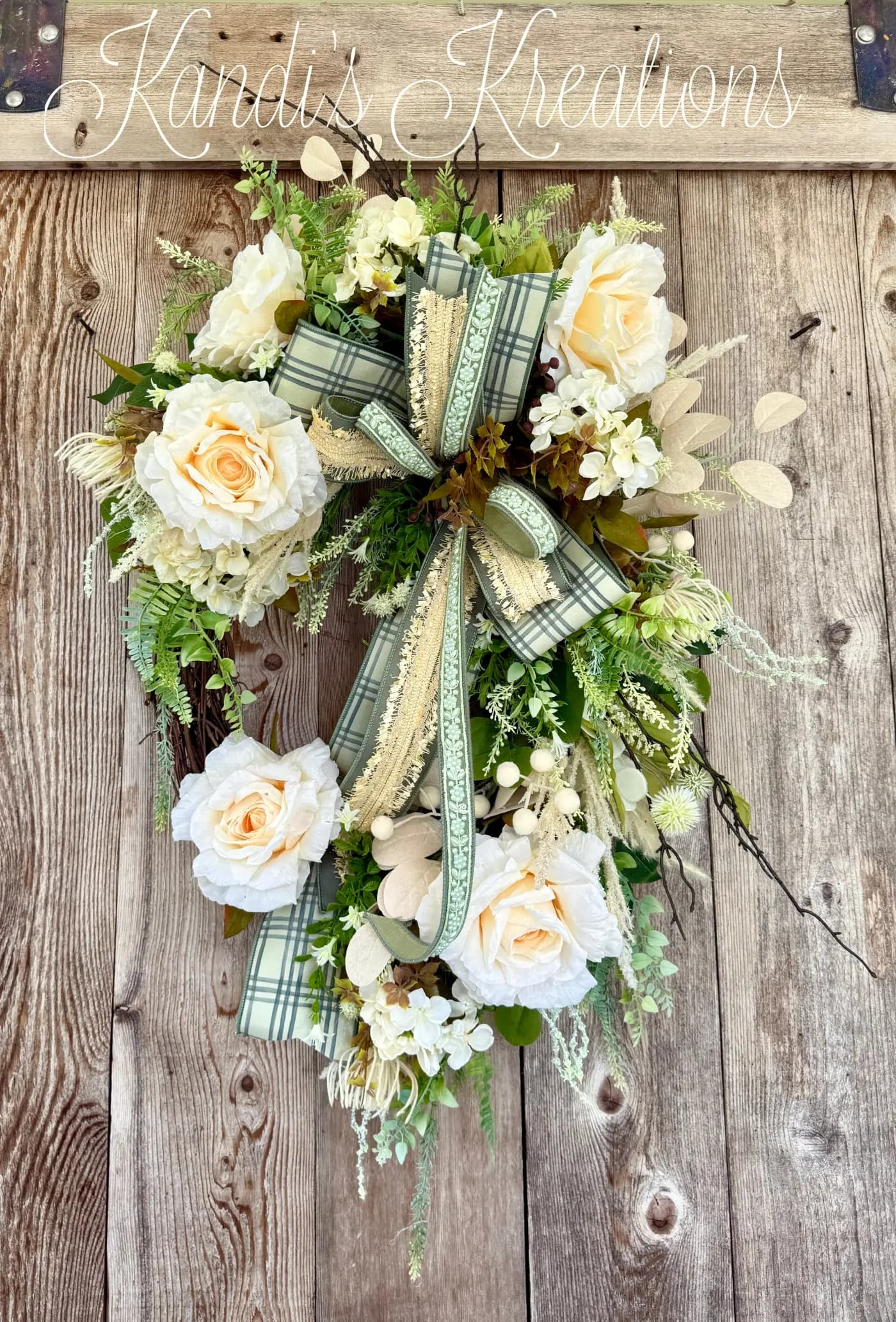 Elegant Cream Rose Grapevine Wreath — handmade by Kandi's Kreations