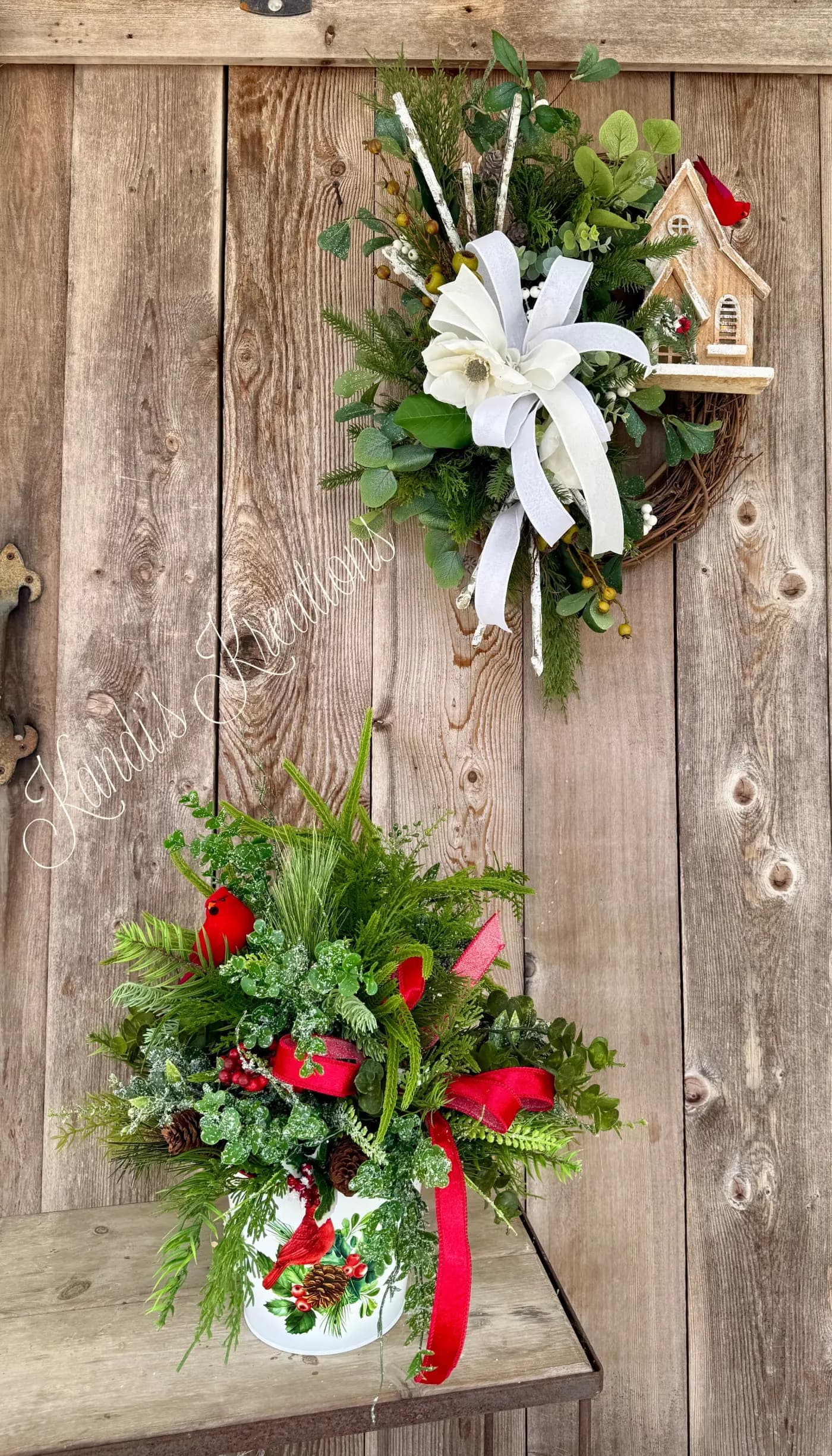 Winter Cardinal grapevine wreath and arrangement — handmade by Kandi's Kreations