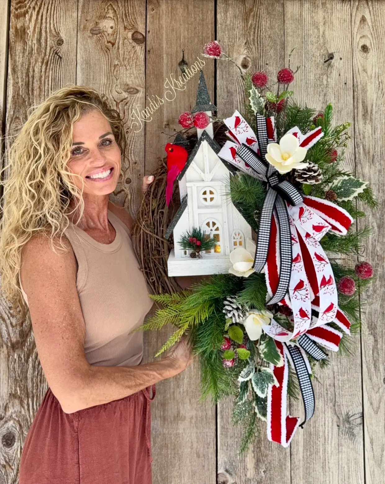 Cardinal Church Lighted Grapevine Wreath — handmade by Kandi's Kreations