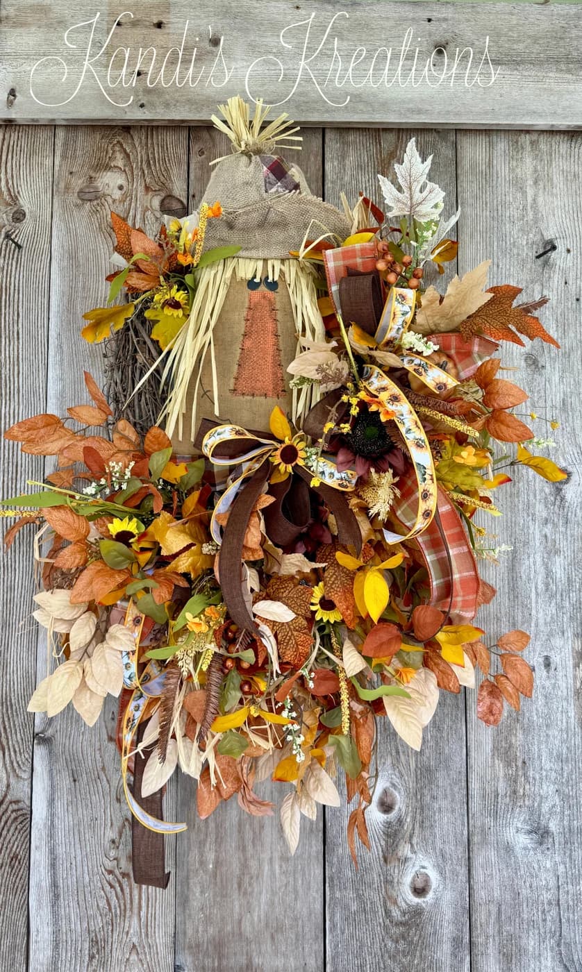 Fall scarecrow grapevine wreath — handmade by Kandi's Kreations